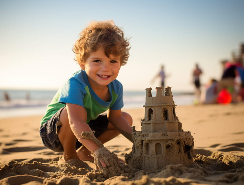 Niño pequeño con un castillo de arena en la playa